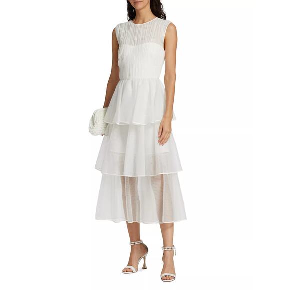 NWT Jonathan Simkhai Benton Tiered Tulle Plisse Midi Dress White Size 4 - Picture 1 of 6